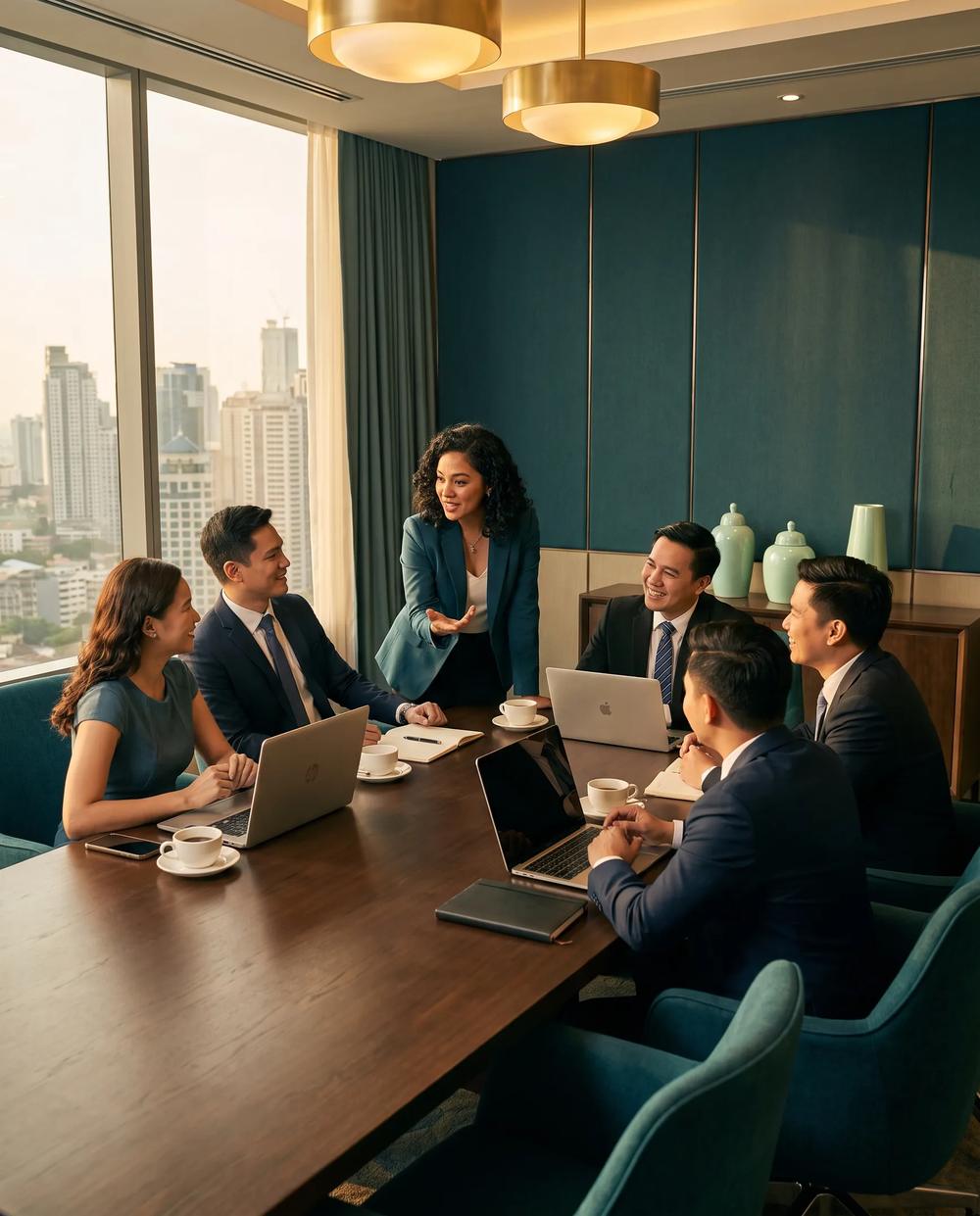Filipino agency founders in discussion around a boardroom table with a city view
