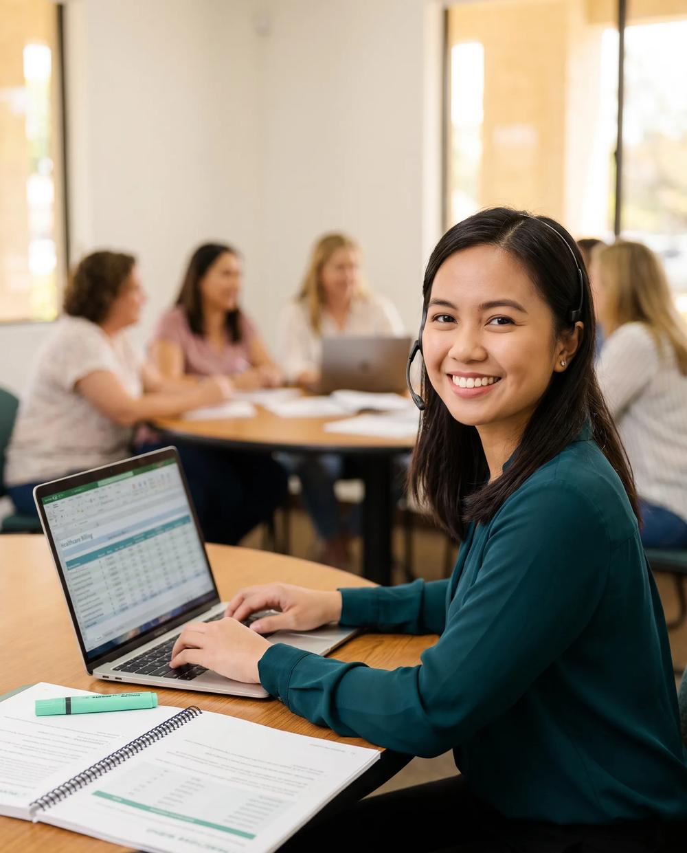 A smiling Filipina Medical VA with a headset working on a laptop during a workshop